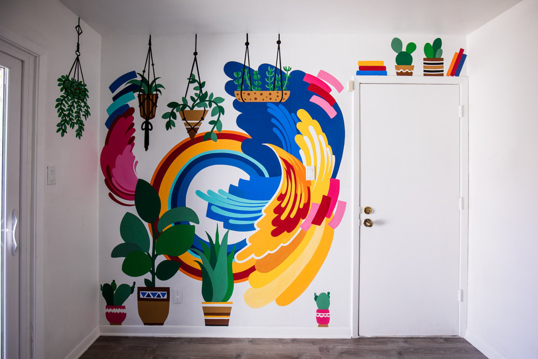 Cute and colorful mud room mural with plants by Becca Gordon in Austin, Texas