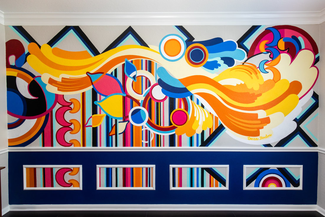 Colorful abstract mural in an Austin, Texas home by Becca Gordon